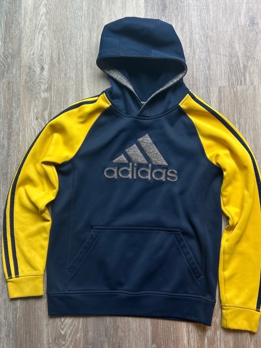 adidas Navy and Yellow Raglan Logo Hoodie with Contrast Sleeves. Boys Lg